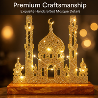 Lampe de table à LED en forme de mosquée avec paillettes dorées, fonctionnant avec des piles AA, avec base en bois massif durable pour la décoration de la maison pendant le Ramadan