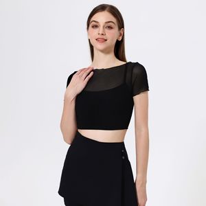 Haut de yoga 2-en-1 en maille à manches courtes pour femme, avec col bateau à volants, transparent, intégré et rembourré, idéal pour la gym et le Pilates - Product Image 1