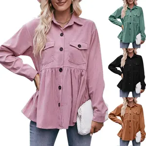 Frauen Vintage Cord Taschen Einreiher Shirts Herbst Winter Trendy Solid Langarm Lose Blusen Casual Streetwear Top