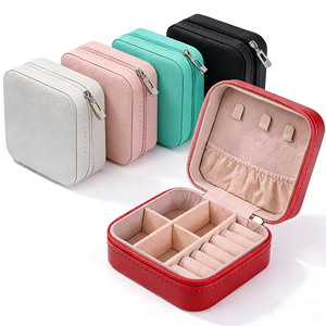 Square Custom Logo Velvet Travel Jewelry <b>Boxes</b> With Zipper Closure Built In Mirror And Multi Compartment Design Ideal For travel - Product Image 3