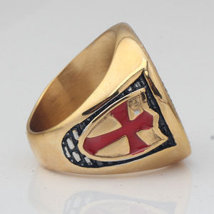 Anillo de los Caballeros Templarios, Cruz Redonda de 25 mm, Acero Inoxidable Dorado con Diamantes, Joyería Religiosa para Hombre - Product Image 2