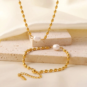 Stainless Steel Pearl Jewelry <b>Set</b> Gold Bead Chain Necklace And <b>Bracelet</b> For Women Party Elegant Fashion Accessories - Product Image 1