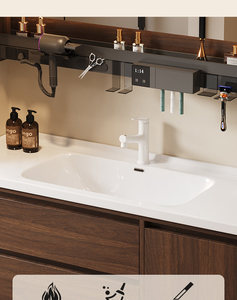 Wholesale mid-century Modern design walnut wood bathroom cabinet <b>vanity</b> set with <b>LED</b> smart mirror - Product Image 3