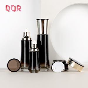 Luxury Customized Skincare Product <b>Set</b> Bottles Customized Black Glossy Finish Cosmetics Container Empty With Pump Cap Dropper - Product Image 1