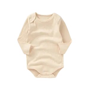 Label Logo dapat ditambahkan krim organik Snap lengan panjang Ribbed Bodysuit