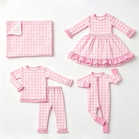 Collection de vêtements à volants en gingham rose pour bébés filles, robe à manches longues personnalisée, pyjama, barboteuse, couverture d'emmaillotage pour nourrissons