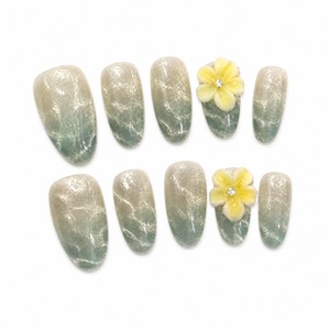 Faux ongles à presser vert menthe français, motif floral scintillant, couvrance totale, longueur moyenne, avec colle pour doigts - Product Image 2