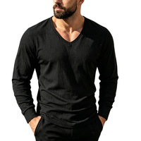Nouveau style 2026 – T-shirt homme en lin à col en V et manches longues – Qualité supérieure, couleur unie, coupe ajustée, décontracté