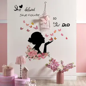Rose rose girl wall sticker English slogan Butterfly children's room living room background decoration self-adhesive stickers
