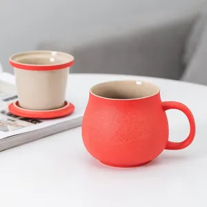 中国红陶磨砂陶瓷12盎司办公室带盖泡茶杯