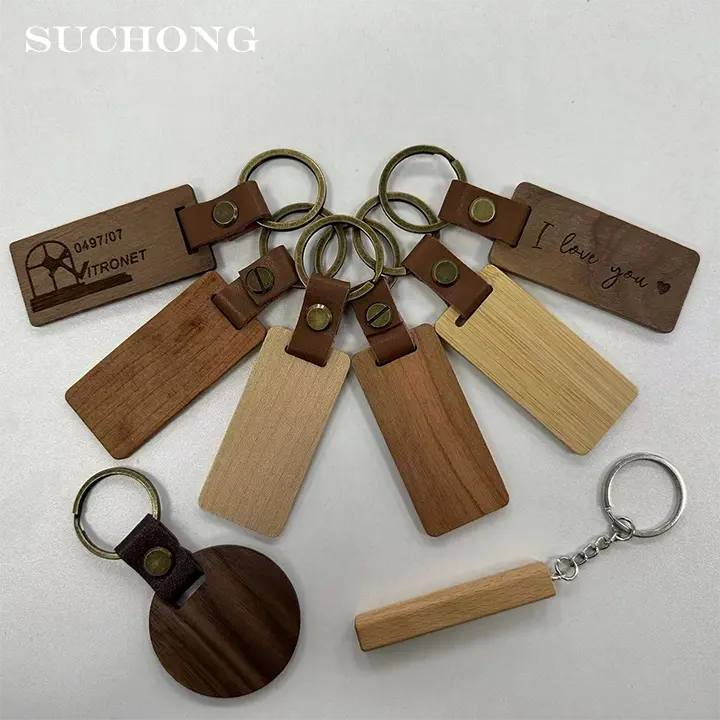 Custom Metal Keyring Wood Slices Keychains Leather Wooden Bead Bar Key Chains Circle Blank For Engraving Wood Key Chains