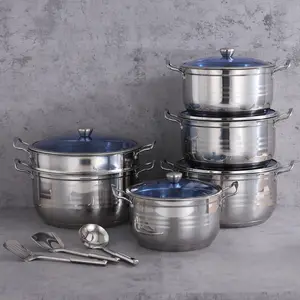 Kitchenware 14 PCS Stainless Steel Pot Set Thickened Aluminum Pot And Streamer Cookware Set With Blue Glass Lid