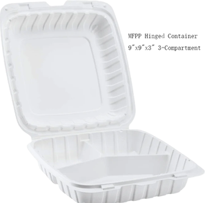Kotak makanan sekali pakai berbahan MFPP, tipe clamshell, 3 sekat, ukuran 9x9x3 inci, untuk penyimpanan makanan siap saji dan bekal makan siang. - Product Image 1