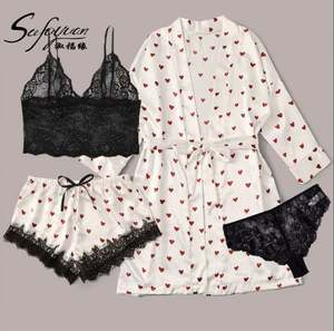 Sfy-y5039 Conjunto de Pijama de Satén Transpirable y Suave para Mujer, Manga Larga, Cintura Elástica, Camiseta de Encaje Transparente, Pantalones y Bata para Verano - Product Image 2