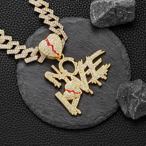 Collana da Uomo Personalizzata Stile Hip-hop con Catena Cubana, Diamanti e Ciondolo a <span class=keywords><strong>Cuore</strong></span> <span class=keywords><strong>Spezzato</strong></span> con Scritta NO LOVE, Vendita all'Ingrosso - Product Image 3