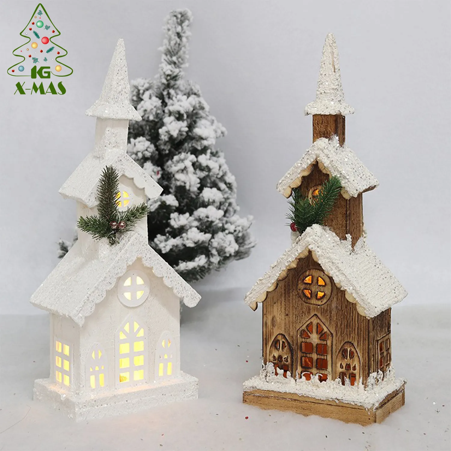 KG natale nuovo Design personalizzato Noel Navidad natale di lusso in legno coperto di neve luce LED paesaggio villaggio decorazione natalizia