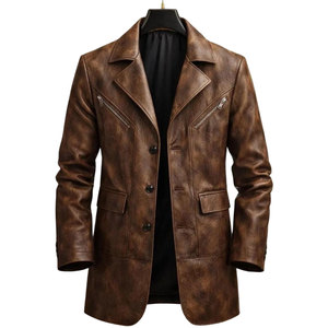 New Stylish <b>Men's</b> Genuine Leather Blazer Notched Lapel Single Breasted <b>Trench</b> <b>Coat</b> With Single Button Regular Sleeve - Product Image 2