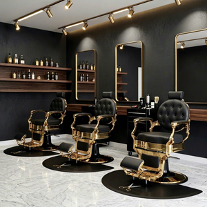 Sillón de Barbería Antiguo de Lujo, Dorado, Resistente, Reclinable, Hidráulico, Tapizado en Cuero, Mueble de Salón - Product Image 1