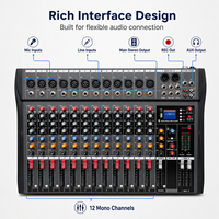 Console de mixage audio professionnelle 12 canaux avec effets intégrés, égaliseur 3 bandes, construction métallique pour DJ, enregistrement et performance scénique