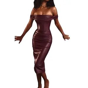OEM ODM PU Dresses Corseted Off Shoulder Strap Leather Dress Sexy Hottie Long Dress