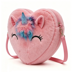Customized Fuzzy Purse with Glitter Horn, Adjustable Strap and <b>Sleeping</b> Eyes, Pink Plush Unicorn Heart Crossbody <b>Bag</b> - Product Image 2