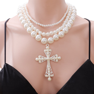 Ensemble de colliers croix punk exagérés style euro-américain, multi-couches, avec perles d'imitation, chaîne de clavicule pour soirée - Product Image 5