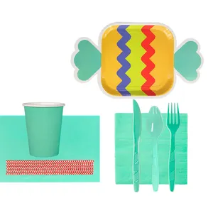 派对糖果形状条纹纸盘绿色杯子/餐具/餐巾一次性派对餐具套装