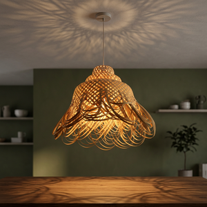 Lampe à fleurs, abat-jour en rotin, lustre en rotin naturel, grande lampe suspendue en rotin, luminaire en rotin rond - Product Image 1