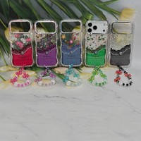 Casing Ponsel Bermotif Bunga untuk iPhone 11 12 13 14 15 16 17 Pro Max dengan Tali Berhias Manik-Manik Bingkai Berlian Imitasi Casing Pelindung Mewah