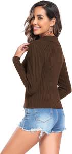 ZAFUL Women's Zip up Sweater Long Sleeve <strong>Polo</strong> V <strong>Neck</strong> Ribbed Knit Slim Cropped Sweater Pullover <strong>Jumper</strong> Tops - Product Image 5