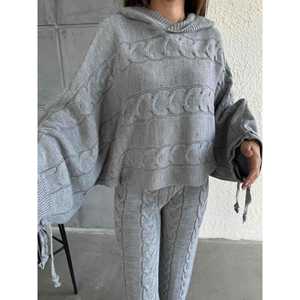 Ensemble tricoté décontracté sportif à capuche 1509 Hiver Longueur cheville avec décoration boutonnée Imprimé rayé et coupe ample - Product Image 3