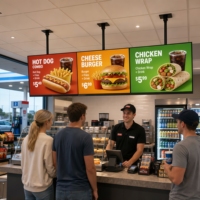 Écran de menu numérique 4K UHD pour station-service et épicerie, lecteur publicitaire pour l'affichage des combos hot-dog et cheeseburger