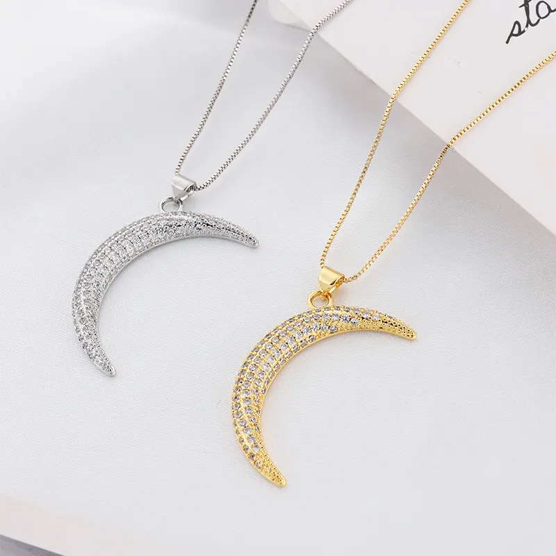 New Fashion Real Gold Plating Full Zircon Moon Necklace Silver Gold Cubic Zircon Moon Pendant Necklace