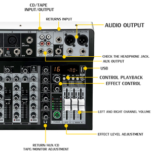 UX08 Mélangeur audio 8 canaux 16 effets de réverbération numériques Égaliseur à trois bandes USB + 48V Alimentation fantôme Équipement de sonorisation audio Console - Product Image 2