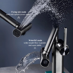 Robinet de lavabo noir à bras mécanique, <span class=keywords><strong>mitigeur</strong></span> d'évier rotatif à 360° avec 4 modes de jet cascade et pluie pour salle de bain - Product Image 5