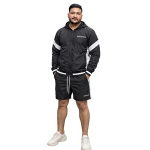 REXFIT SPORTS 2026 Conjunto Personalizado de Chaqueta con Capucha y Pantalones Cortos de Nailon Negro para Hombre, con Paneles Blancos, Cortavientos, Ropa Deportiva, Marca Privada - Product Image 1