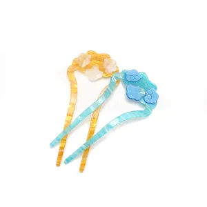 CANYUAN Korean style double-tooth yellow blue hair fork for ladies carved hairpin acetate hair stick customized