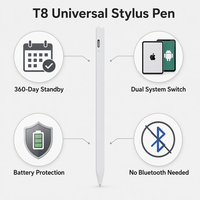 Pena Stylus T8 Pro Tipe-C 10 Jam 360 Hari Siaga, Pensil Digital iPad Android Sistem Ganda, Ujung Aluminium POM Pabrik OEM Grosir