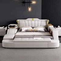 Lit intelligent multifonctionnel de luxe moderne avec cadre en bois rembourré, taille King/Queen, double, en cuir, avec rangement, charge USB, massage et coffre-fort