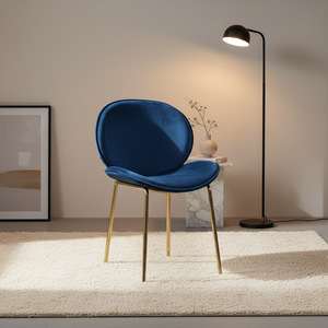 Sedia da Pranzo Nordica per Casa e Ristorante con Seduta in Tessuto Blu Vellutato e Gambe in Metallo Dorato - Product Image 1