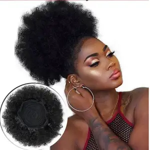 Rambut manusia bun Afro Puff tali serut rambut ekor kuda 8 inci pendek Afro Kinkys keriting Afro roti ekstensi hiasan rambut ukuran besar