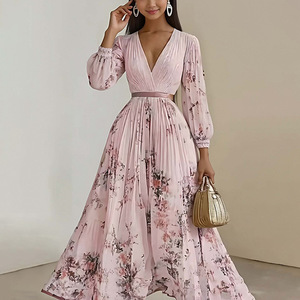 Nouvelle Robe <span class=keywords><strong>Longue</strong></span> Imprimée Rétro 2026 Élégante Taille Haute Col en V Coupe Ajustée Douce Respirante Décontractée pour le Quotidien, le Shopping et les Activités en Extérieur - Product Image 2