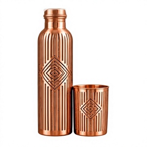 Handcrafted Copper <b>Water</b> <b>Bottle</b> with Geometric Pattern Portable Travel Flask Bohemian Design Style <b>Metal</b> Drinkware Set - Product Image 1