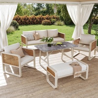 Ensemble de salon de jardin modulaire en rotin AJUNION 7 places, structure en métal, canapé sectionnel, ensemble de salle à manger d'extérieur avec table en pierre frittée