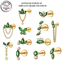 Piercing corporel Freya en titane ASTM F136 avec zircon et émeraude, à filetage interne, pour oreille, nez, labret, lèvre, tragus, lobe