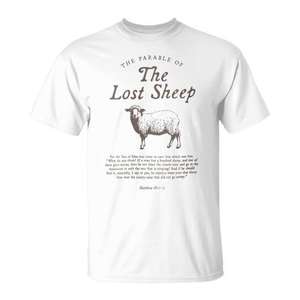 Camiseta Promocional con Versículo Bíblico 'La Parábola del Ovejero Perdido' para el Culto - Product Image 1