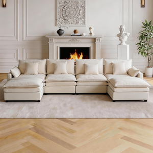 Set Divano Componibile 100 Pollici con Sedie in Legno, Design <span class=keywords><strong>Moderno</strong></span> a U, Colore Beige e <span class=keywords><strong>Bianco</strong></span>, Seduta Profonda per <span class=keywords><strong>Soggiorno</strong></span> - Product Image 2