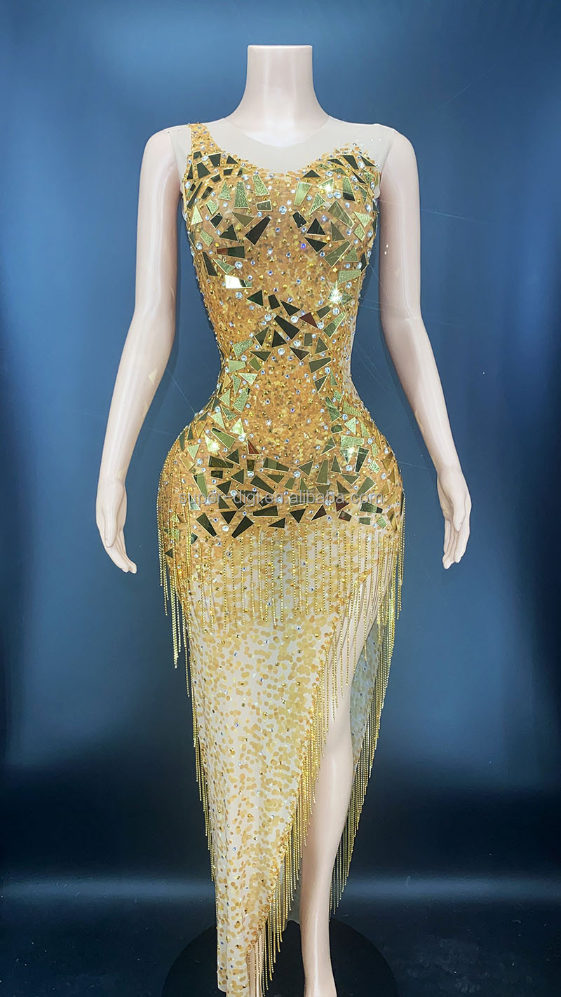 slim fit dress slacks QUEEN OF EVERYTHING MIRRORED MAXI DRESS IN GOLD – AKIRA main image 0
