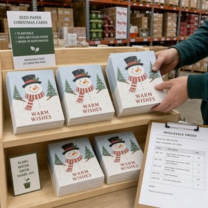 Carte de vœux A6 en forme de bonhomme de neige à planter, avec écharpe et boule de neige, motif dessin animé mignon, vente en gros - Product Image 2