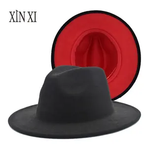 Grosir topi fedora pria gudang-Topi Jazz Pria Wanita Mode Baru Topi Campuran Wol Hitam Musim Panas Musim Semi Topi Kasual Luar Ruangan Dua Warna Bawahan Merah Topi Fedora
